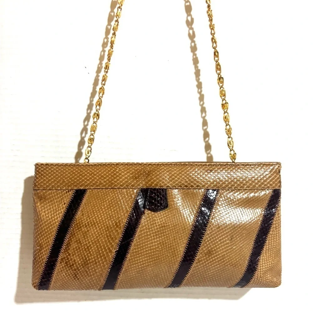Vintage snakeskin, leather Tan and Black Striped Shoulder Bag